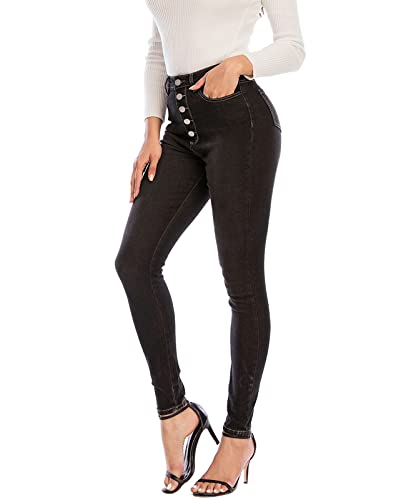 Ecupper Damen Skinny Fit Jeans Slim High Waist Femal Jeans Stretch Jeanshosen Grau-5 Knopf S von Ecupper