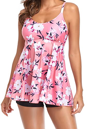 Ecupper Damen Tankini Set Badeanzug Zweiteilig Push Up Bauchweg Bademode mit Badeshorts Tankini Set Schwimmen Rosa 2XL von Ecupper