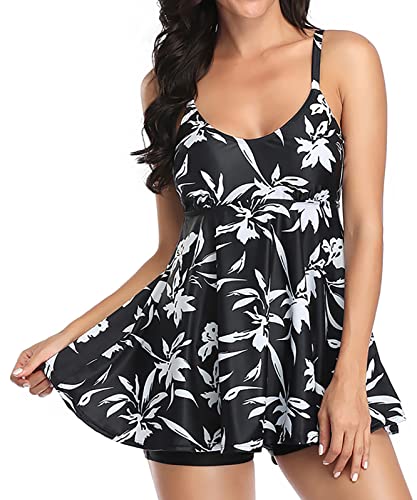 Ecupper Damen Tankini Set Badeanzug Zweiteilig Push Up Bauchweg Bademode mit Badeshorts Tankini Set Schwimmen Schwarz L von Ecupper