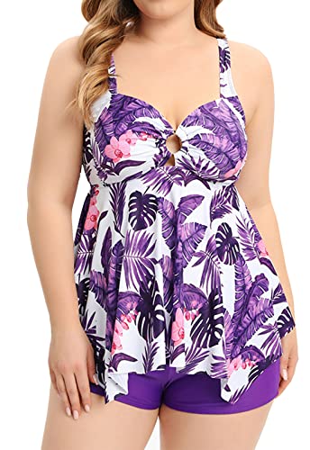 Ecupper Tankini Damen Bauchweg Badeanzug Zweiteilig Badebekleidung Push Up Badekleidung mit Shorts Schwimmen Lila XL von Ecupper