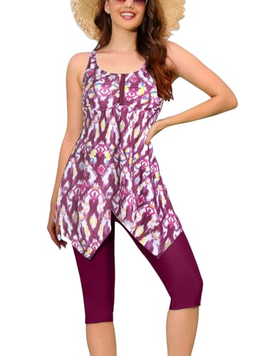 Ecupper Damen Tankini Set Badekleid Blumen Muster Badeanzug mit Shorts Swimsuit Übergröße Fuchsie 3XL von Ecupper