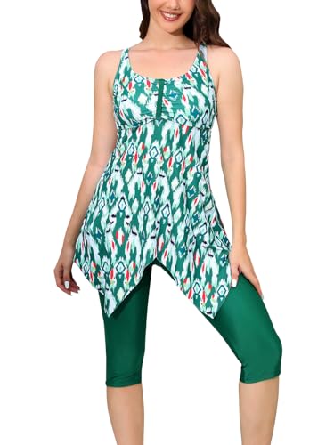 Ecupper Damen Tankini Set Badekleid Blumen Muster Badeanzug Zweiteilig Tankini mit Shorts Swimsuit Übergröße Grün M von Ecupper