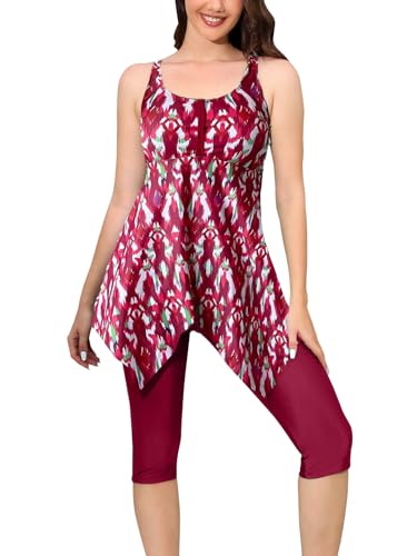 Ecupper Damen Tankini Set Badekleid Blumen Muster Badeanzug Zweiteilig Tankini mit Shorts Swimsuit Übergröße Rot L von Ecupper