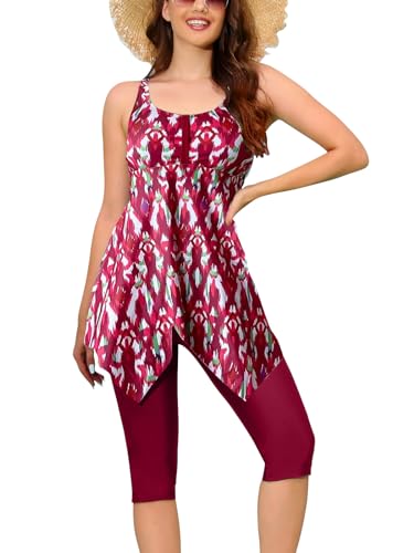Ecupper Damen Tankini Set Badekleid Blumen Muster Badeanzug mit Shorts Swimsuit Übergröße Rot L von Ecupper