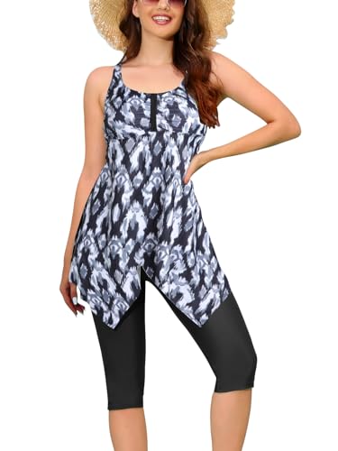 Ecupper Damen Tankini Set Badekleid Blumen Muster Badeanzug mit Shorts Swimsuit Übergröße Schwarz S von Ecupper