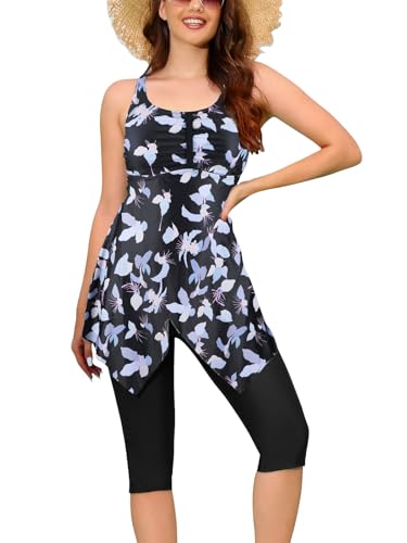 Ecupper Damen Tankini Set Badekleid Blumen Muster Badeanzug mit Shorts Swimsuit Übergröße Blatt XL von Ecupper