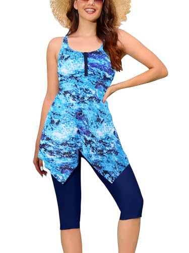 Ecupper Damen Tankini Set Badekleid Blumen Muster Badeanzug mit Shorts Swimsuit Übergröße Blau XL von Ecupper