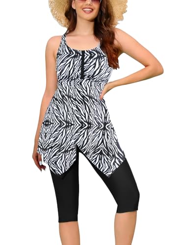 Ecupper Damen Tankini Set Badekleid Blumen Muster Badeanzug mit Shorts Swimsuit Übergröße Streifen S von Ecupper