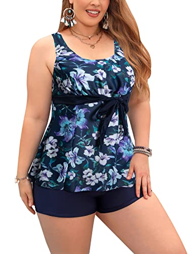 Ecupper Damen Tankini-Sets Badeanzug Zweiteiler Badebekleidung mit Badeshorts Tankini Push Up Lila Blumen M von Ecupper