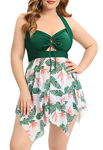 Ecupper Damen Tankini Sets Große Größe Spitze Badeanzüge Halter Bademode Floral Badekleid mit Boyshorts von Ecupper