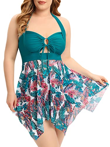 Ecupper Damen Tankini Sets Große Größe Spitze Badeanzüge Halter Bademode Floral Badekleid mit Boyshorts von Ecupper