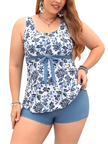 Ecupper Damen Tankini-Sets Badeanzug Zweiteiler Badebekleidung mit Badeshorts Tankini Push Up Blau Weiß 3XL von Ecupper