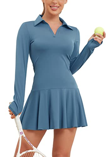 Ecupper Damen Tenniskleid mit Shorts Trainingskleider Langärmelig Sportkleider Workout Indigo XS von Ecupper