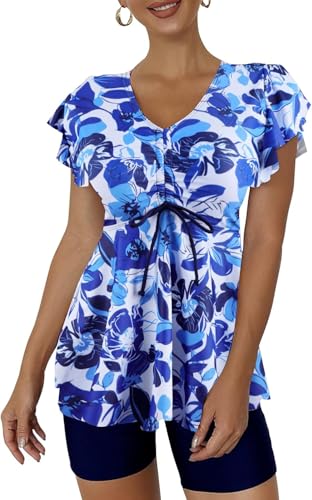 Ecupper Damen Zweiteilig Badeanzug Push up Tankini Set mit Badeshorts Bademode Blau Blume M von Ecupper
