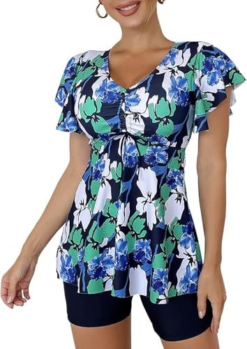 Ecupper Damen Zweiteilig Badeanzug Push up Tankini Set mit Badeshorts Bademode Grün S von Ecupper