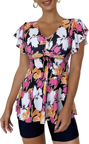 Ecupper Damen Zweiteilig Badeanzug Push up Tankini Set mit Badeshorts Bademode Orange XL von Ecupper