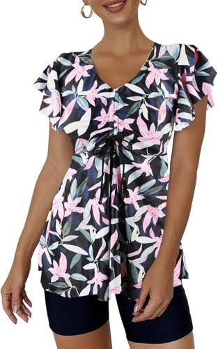 Ecupper Damen Zweiteilig Badeanzug Push up Tankini Set mit Badeshorts Bademode Rosa Blume S von Ecupper