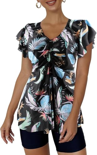 Ecupper Damen Zweiteilig Badeanzug Push up Tankini Set mit Badeshorts Bademode Schwarz XL von Ecupper