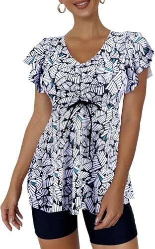 Ecupper Damen Zweiteilig Badeanzug Push up Tankini Set mit Badeshorts Bademode Schwarzer Streifen XXL von Ecupper