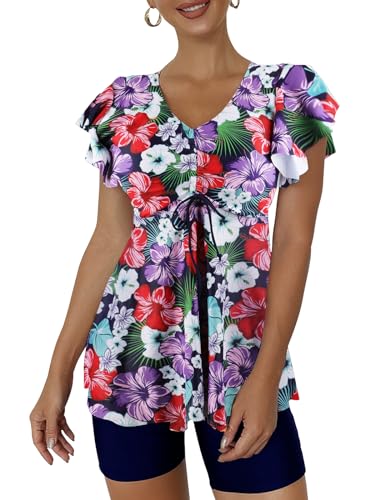 Ecupper Damen Zweiteilig Badeanzug Push up Tankini Set mit Badeshorts Bademode Violette Blume XXL von Ecupper