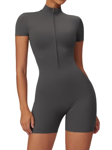 Ecupper Jumpsuit Damen Kurze Ärmel Sport Kuschelig Bodycon mit Reißverschluss Einteiler Romper Grau L von Ecupper