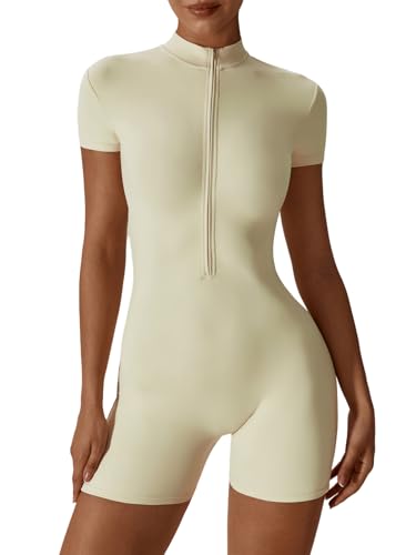 Ecupper Jumpsuit Damen Kurze Ärmel Sport Kuschelig Bodycon mit Reißverschluss Einteiler Romper Aprikose XL von Ecupper