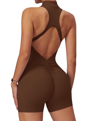 Ecupper Jumpsuit Damen Sport mit Reißverschluss Einteiler Romper Ärmellos Bodycon Eng Rückenfreie Padded Braun M von Ecupper