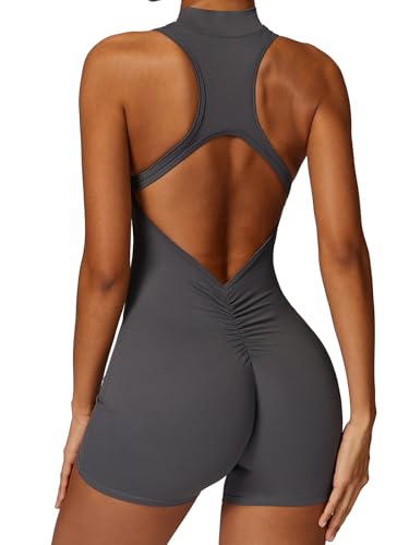 Ecupper Jumpsuit Damen Sport mit Reißverschluss Einteiler Romper Ärmellos Bodycon Eng Rückenfreie Padded Grau S von Ecupper