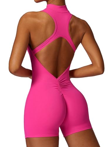 Ecupper Jumpsuit Damen Sport mit Reißverschluss Einteiler Romper Ärmellos Bodycon Eng Rückenfreie Padded Rosenrot L von Ecupper