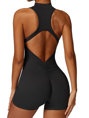 Ecupper Jumpsuit Damen Sport mit Reißverschluss Einteiler Romper Ärmellos Bodycon Eng Rückenfreie Padded Schwarz M von Ecupper