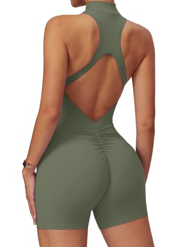 Ecupper Jumpsuit Damen Sport mit Reißverschluss Einteiler Romper Ärmellos Bodycon Eng Rückenfreie Padded Armeegrün XS von Ecupper