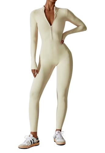 Ecupper Jumpsuits Damen Yoga Bodycon Einteiler Zip Up Overall Rompers Langärmelig Workout Outfit Aprikose S von Ecupper
