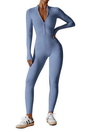 Ecupper Jumpsuits Damen Yoga Bodycon Einteiler Zip Up Overall Rompers Langärmelig Workout Outfit Blau S von Ecupper
