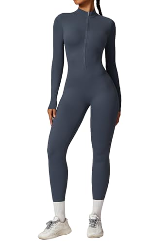 Ecupper Jumpsuits Damen Yoga Bodycon Einteiler Zip Up Overall Rompers Langärmelig Workout Outfit Dunkelblau M von Ecupper