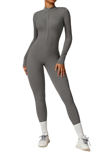Ecupper Jumpsuits Damen Yoga Bodycon Einteiler Zip Up Overall Rompers Langärmelig Workout Outfit Grau XL von Ecupper