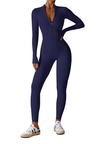 Ecupper Jumpsuits Damen Yoga Bodycon Einteiler Zip Up Overall Rompers Langärmelig Workout Outfit Marineblau S von Ecupper