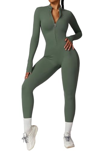 Ecupper Jumpsuits Damen Yoga Bodycon Einteiler Zip Up Overall Rompers Langärmelig Workout Outfit Grün XS von Ecupper