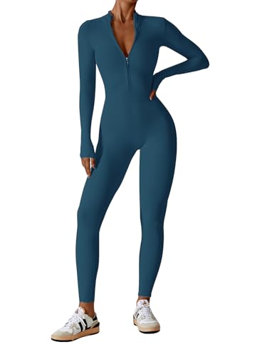 Ecupper Jumpsuits Damen Yoga Bodycon Einteiler Zip Up Overall Rompers Langärmelig Workout Outfit Stahlblau S von Ecupper