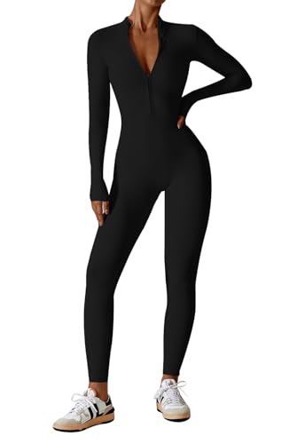 Ecupper Jumpsuits für Damen Bodysuit Athletischer Einteiler Zip Up Overall Rompers Langärmelig Workout Outfit Schwarz M von Ecupper