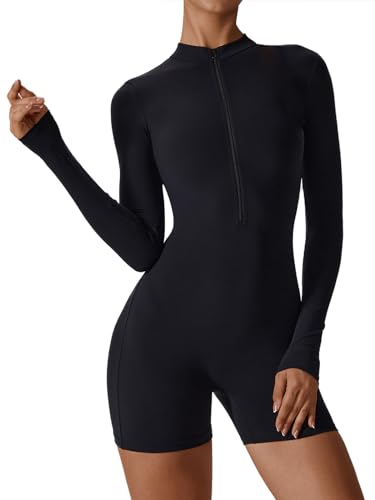 Ecupper Langärmelig Jumpsuit Damen Einteilige Kleidung Overall Romper Lang Trainingsanzüge Outfit Stretch Zip Up Shorts Schwarz L von Ecupper