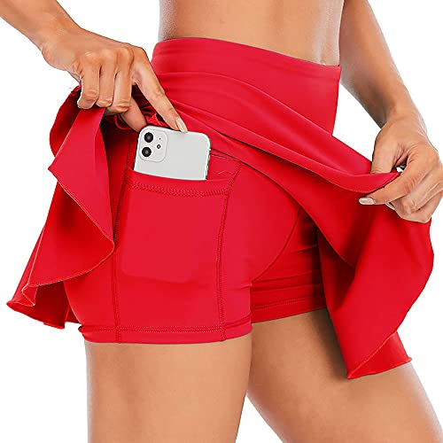 Ecupper Tennisröcke Damen mit Taschen Golfröcke Tennis-Skorts Bewegung Miniröcke mit Hose Rot 2XL von Ecupper