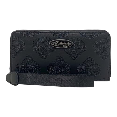 ED HARDY Damen Geldbörse mit umlaufendem Reißverschluss und Handschlaufe, Black Deboss von Ed Hardy