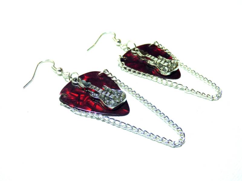 Roten Plektrum Ohrringe Mit Sterling Silber Haken, Strass Gitarre Anhänger Und Ketten - Perfektes Geschenk Für Musiker Musikliebhaber von EdFuchsMusicGifts