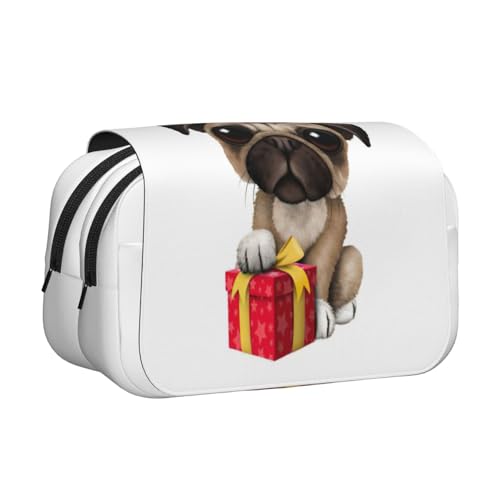 EdWal Federmäppchen mit niedlichem Aufdruck "Happy Birthday" mit Mops-Motiv, Segeltuch, großes Fassungsvermögen, Organizer, multifunktionales Federmäppchen von EdWal