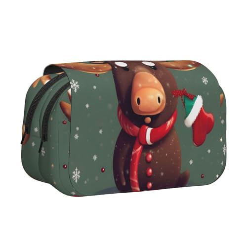 EdWal Lustiges Federmäppchen mit Weihnachtsmotiv und Elchkopf-Druck, aus Segeltuch, großes Fassungsvermögen, Organizer, multifunktionales Federmäppchen von EdWal