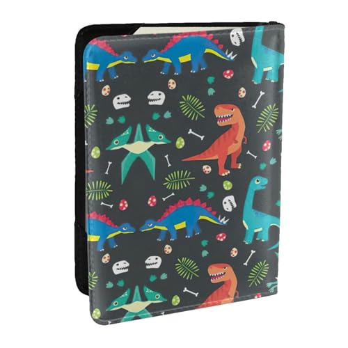 EdWal Reisepasshülle mit Cartoon-Dinosaurier-Druck, mit Kreditkartenfach, Leder, Reisepasshülle, für Damen, Herren, Familienausweis, Reisen, Schwarz , Einheitsgröße von EdWal
