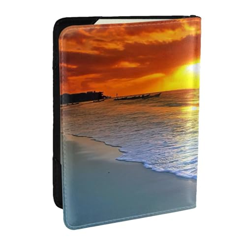EdWal Reisepasshülle mit Kreditkartenfach, Leder, Motiv: Strand mit Sonnenuntergang, für Damen, Herren, Familienausweis, Reisen, Schwarz , Einheitsgröße von EdWal