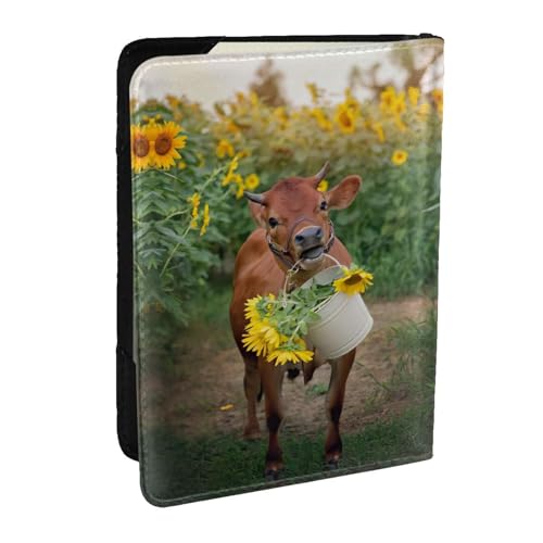 EdWal Reisepasshülle mit Kuh in Sonnenblumen-Motiv, mit Kreditkartenfach, Leder, Reisepasshülle, für Damen, Herren, Familienausweis, Reisen, Schwarz , Einheitsgröße von EdWal