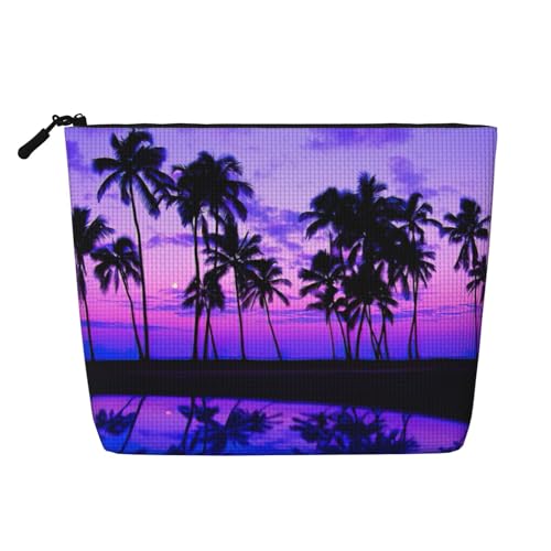Kosmetiktasche für Damen, Motiv: Palme, violetter Sonnenuntergang, tragbare Kosmetiktasche, Kulturbeutel, geräumiger Reise-Make-up-Organizer, Schwarz , Einheitsgröße von EdWal