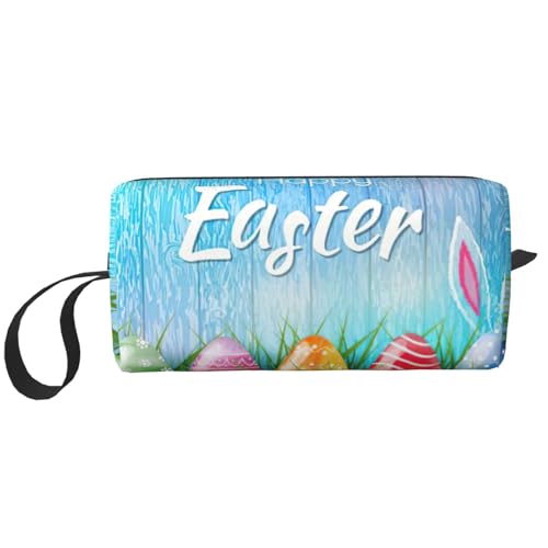 Kulturbeutel für Damen, Motiv: Ostereier, Hase, Gras, Holzdruck, Reisegröße, niedlicher Reise-Kulturbeutel, Make-up-Tasche, Organizer-Tasche, weiß, Einheitsgröße von EdWal